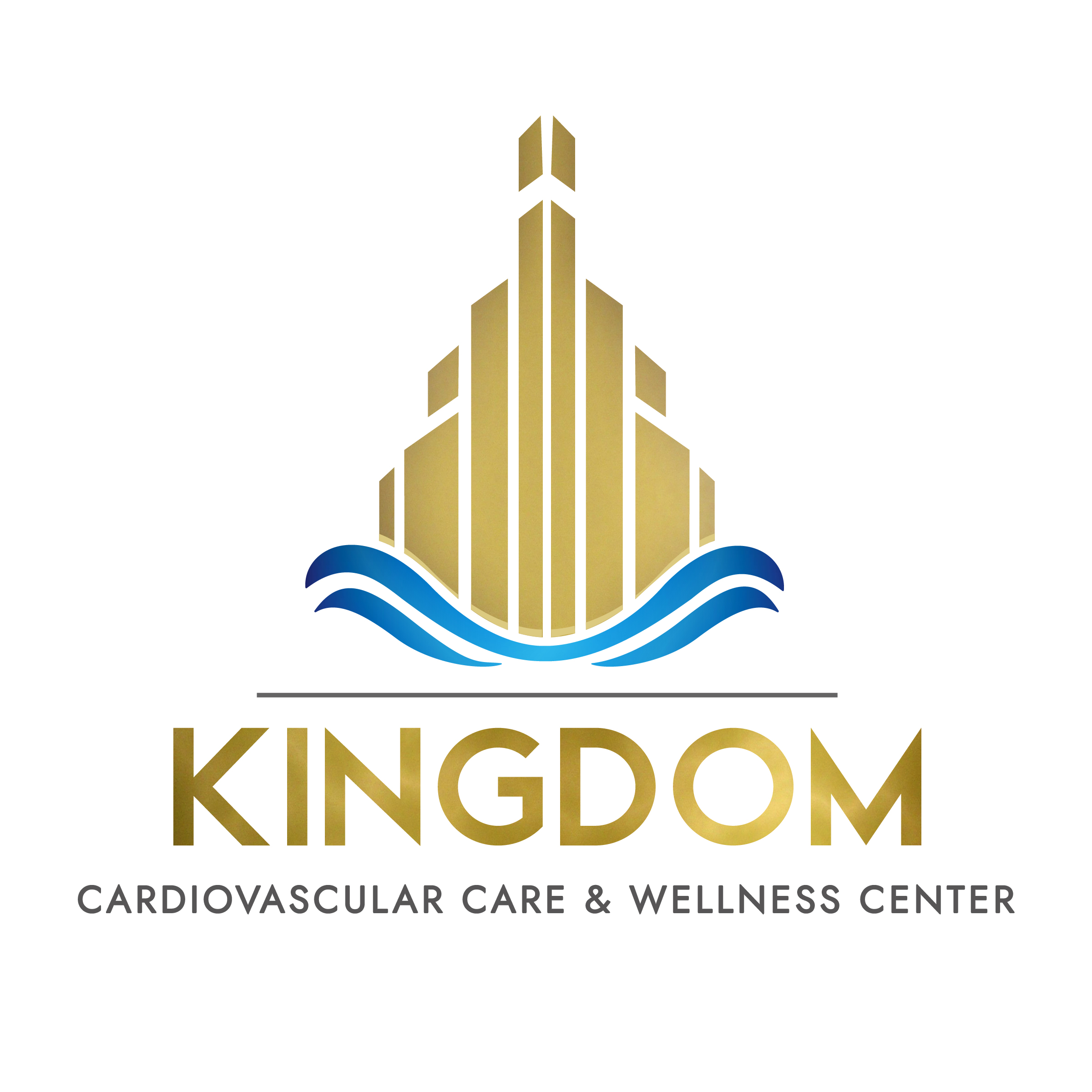 kingdom cardiovascular care and wellness center logo with gold and blue embellishment